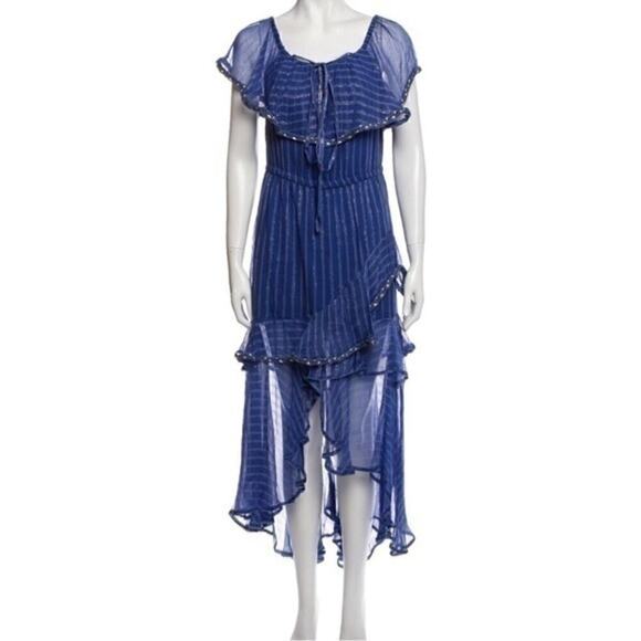 Misa Los Angeles Dress Blue Gold Medium Ambrosia Ruffle Hem Boho Festival NEW - Picture 4 of 16